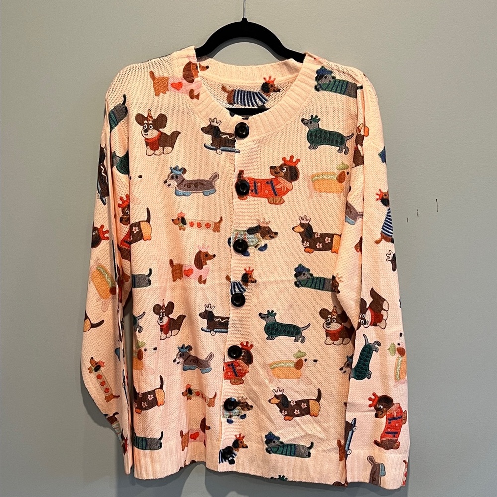 Cream Novelty Dachshund Button-Front Cardigan Sweater